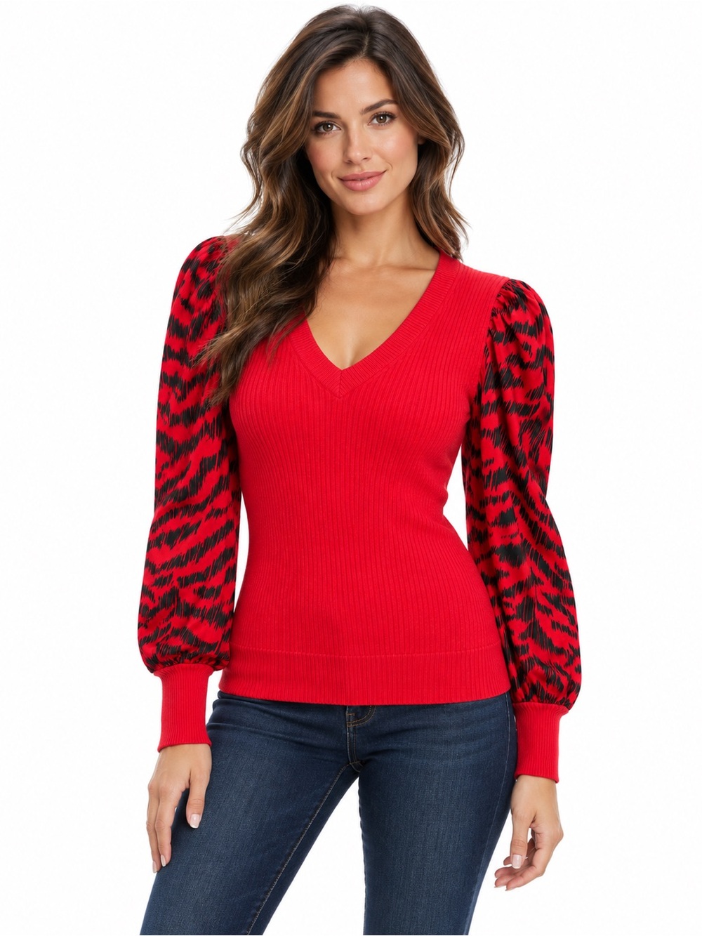 Dkny Red V-Neck Ribbed Sweater with Patterned Balloon Sleeves